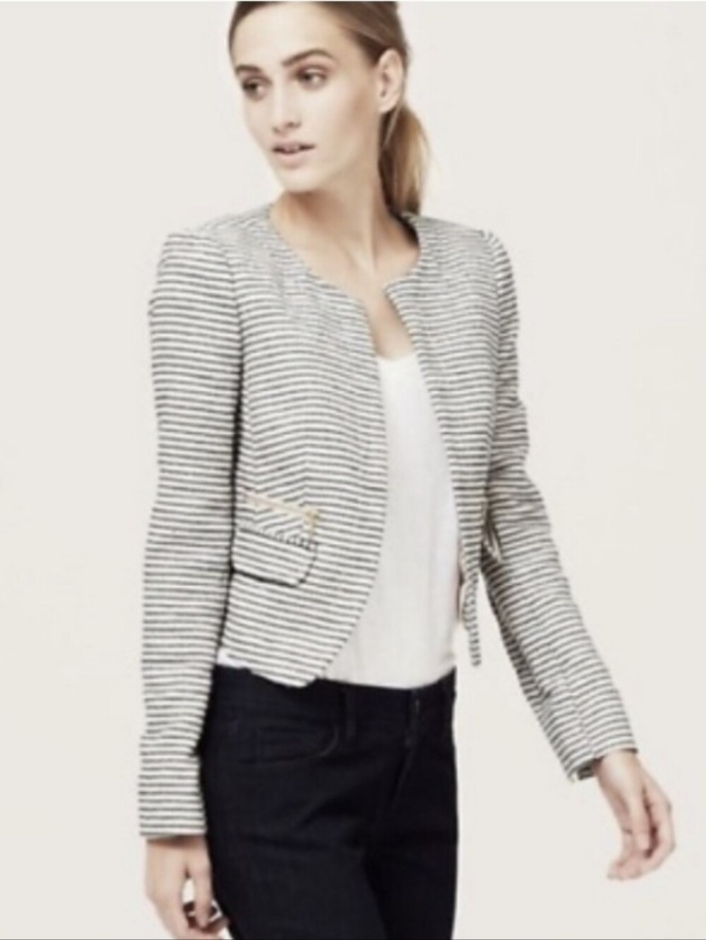 Ann Taylor LOFT Texture Cotton Stripe Open Short Jacket Cream Gold Zip Petite 4P